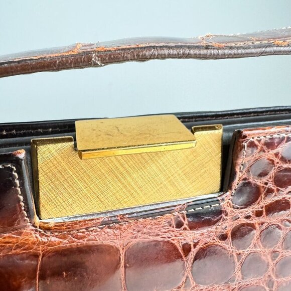Vintage 50s 60s Crock Skin Brown medium Top Handle Bag - Picture 6 of 16